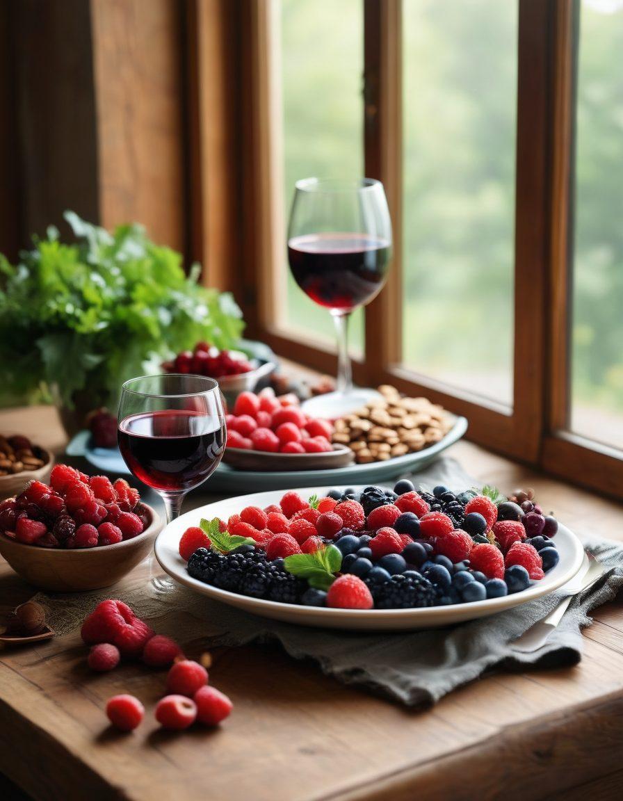 A serene table setting featuring a elegantly poured glass of red wine next to colorful anti-inflammatory foods like fresh berries, leafy greens, and nuts. Soft morning light filters through a window, highlighting the textures of the foods. Include a rustic wooden backdrop to evoke a warm, healthy atmosphere. super-realistic. vibrant colors. soft focus.