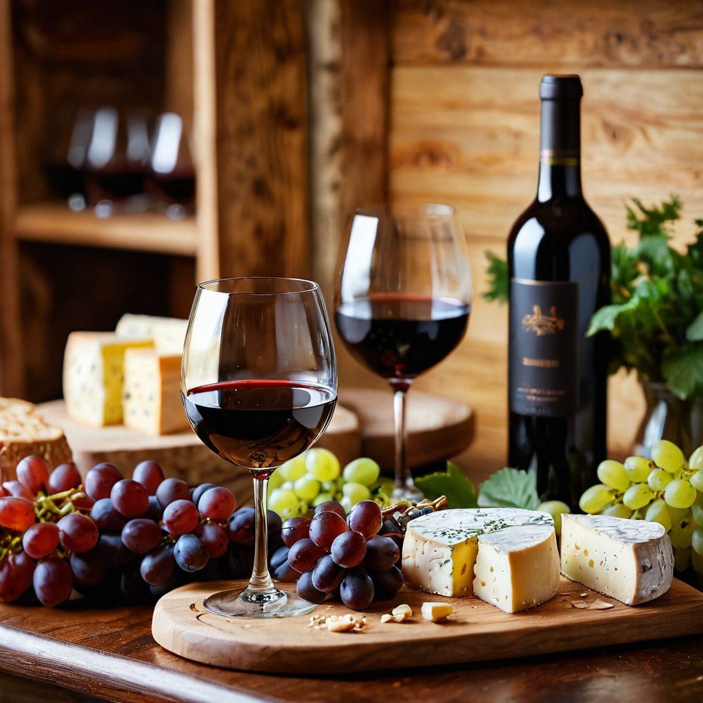 A close-up of a glass of deep red wine, sitting on a wooden table, surrounded by grapes and an elegant cheese platter. In the background, a cozy kitchen with herbs and remedies hints at health and nutrition. Soft light captures the liquid's reflections, creating a warm, inviting atmosphere. The focus is on the wine, symbolizing its benefits for arthritis management. super-realistic. warm colors. soft focus.