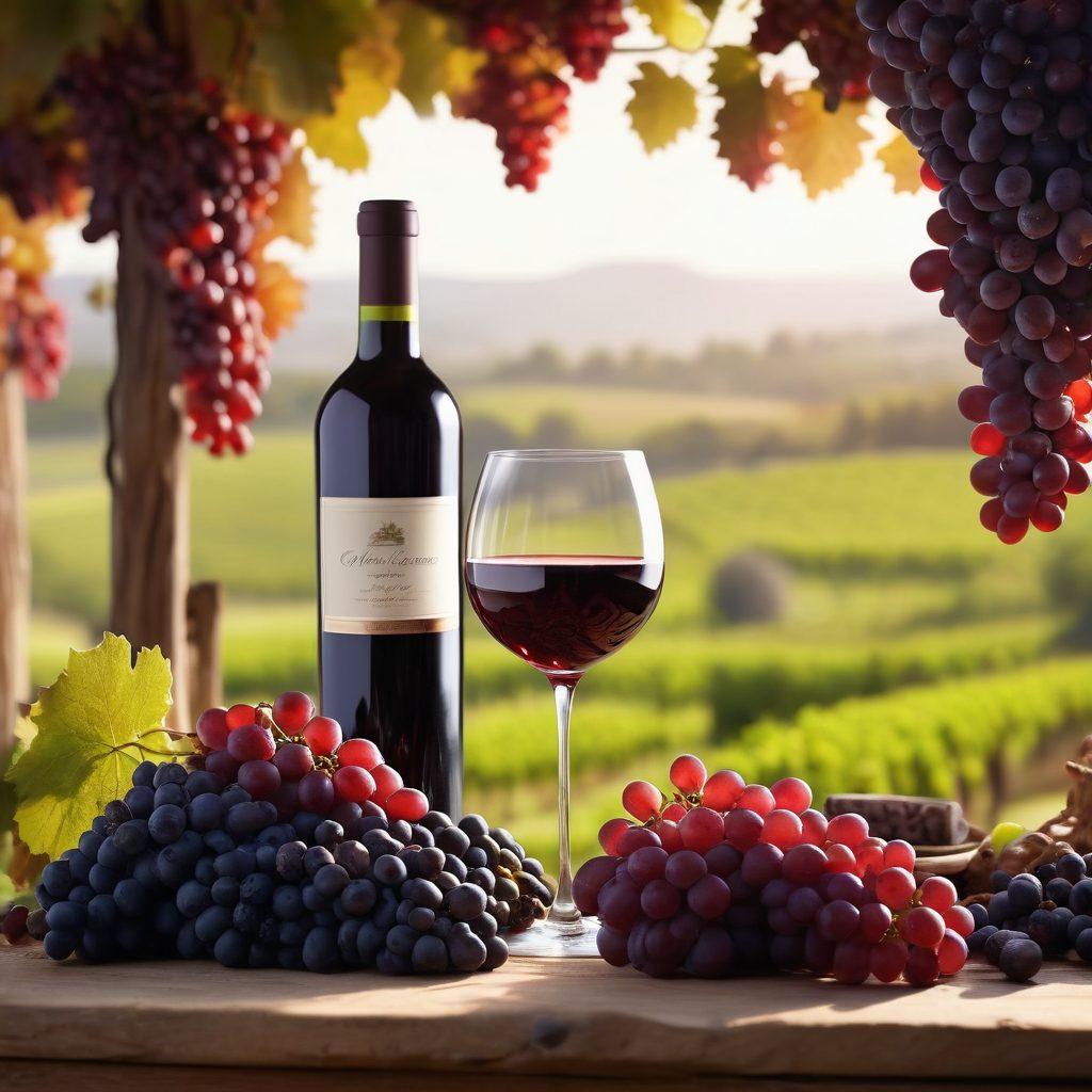 A beautifully arranged setting featuring a glass of deep red wine surrounded by grapes, healthy food options like nuts and berries, and a glowing backdrop of a tranquil vineyard. Incorporate elements of bone health, such as silhouettes of bones or a subtle anatomical illustration in the background. The image should evoke a sense of relaxation and wellness. super-realistic. warm colors. soft focus.